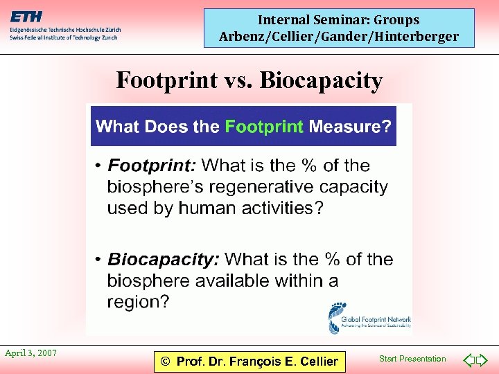 Internal Seminar: Groups Arbenz/Cellier/Gander/Hinterberger Footprint vs. Biocapacity April 3, 2007 © Prof. Dr. François