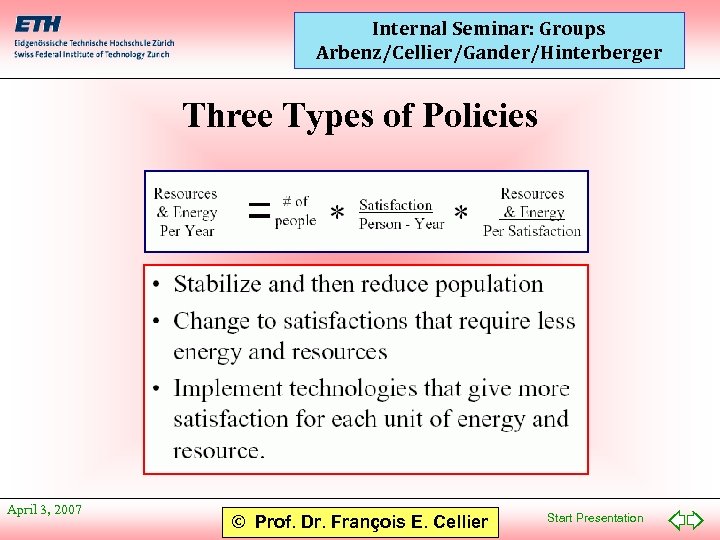 Internal Seminar: Groups Arbenz/Cellier/Gander/Hinterberger Three Types of Policies April 3, 2007 © Prof. Dr.