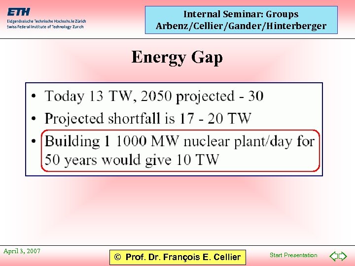 Internal Seminar: Groups Arbenz/Cellier/Gander/Hinterberger Energy Gap April 3, 2007 © Prof. Dr. François E.