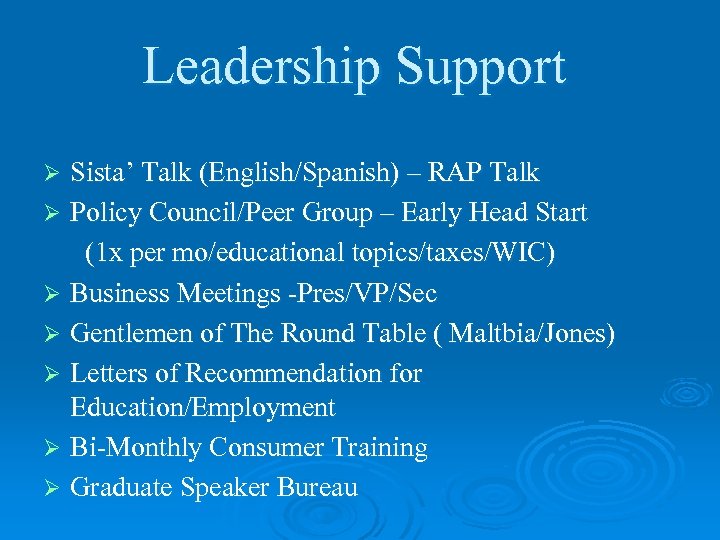 Leadership Support Sista’ Talk (English/Spanish) – RAP Talk Ø Policy Council/Peer Group – Early