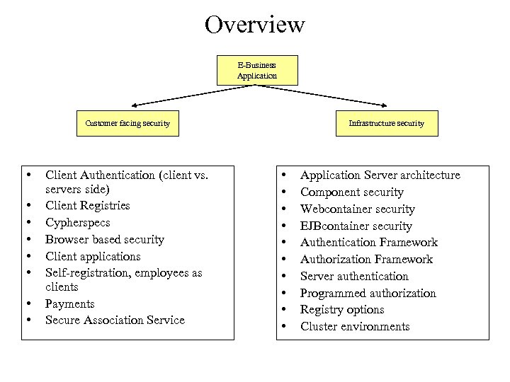 Overview E-Business Application Customer facing security • • Client Authentication (client vs. servers side)