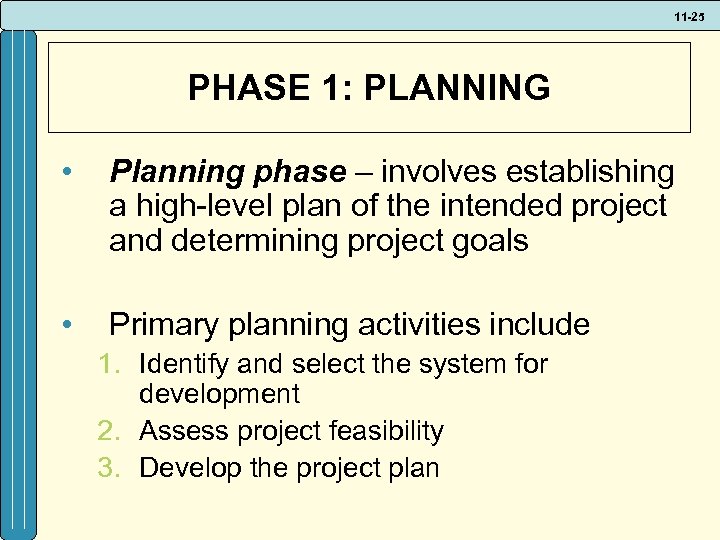 11 -25 PHASE 1: PLANNING • Planning phase – involves establishing a high-level plan