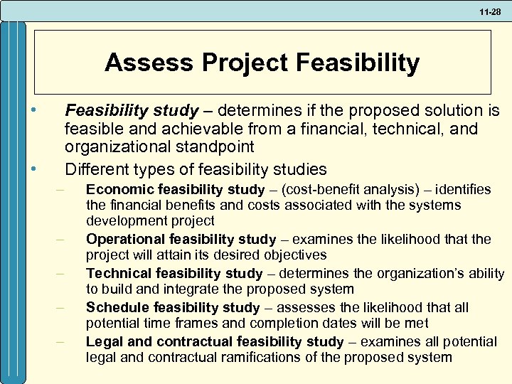 11 -28 Assess Project Feasibility • Feasibility study – determines if the proposed solution