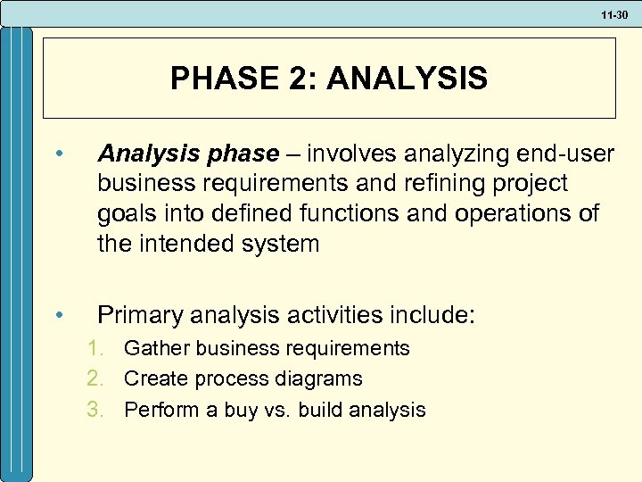 11 -30 PHASE 2: ANALYSIS • Analysis phase – involves analyzing end-user business requirements