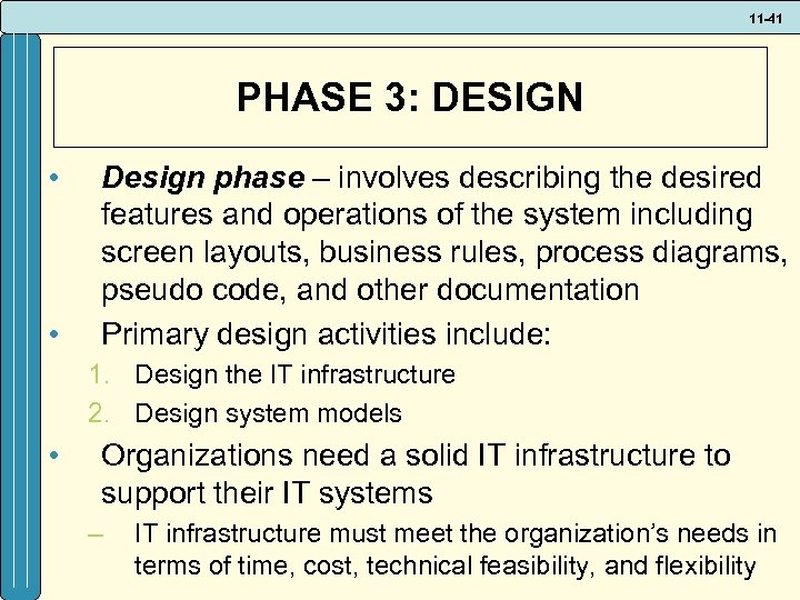 11 -41 PHASE 3: DESIGN • • Design phase – involves describing the desired