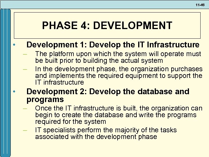 11 -46 PHASE 4: DEVELOPMENT • Development 1: Develop the IT Infrastructure – –