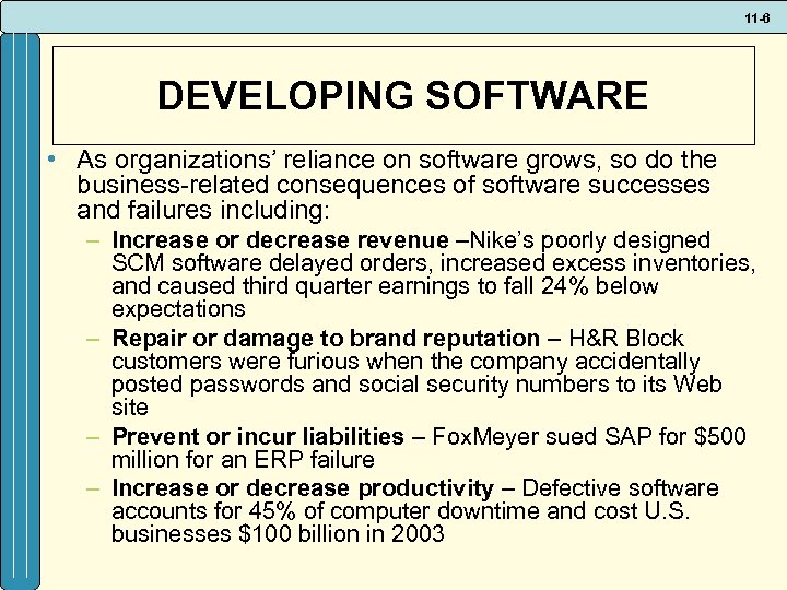 11 -6 DEVELOPING SOFTWARE • As organizations’ reliance on software grows, so do the