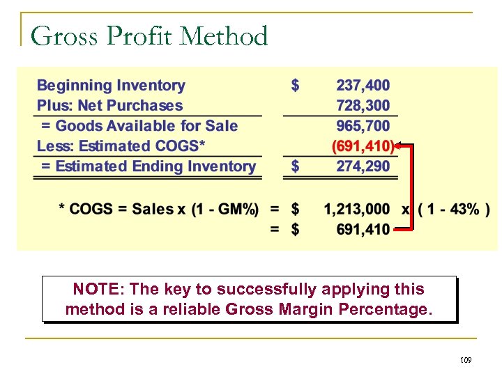 Gross Profit Method NOTE: The key to successfully applying this method is a reliable