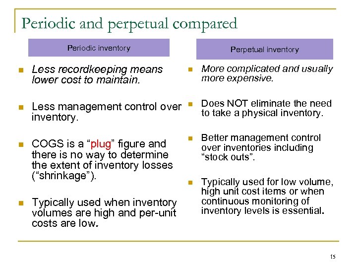 Periodic and perpetual compared Periodic inventory Perpetual inventory n Less recordkeeping means lower cost