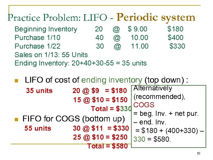 Practice Problem: LIFO - Periodic system Beginning Inventory 20 @ $ 9. 00 Purchase