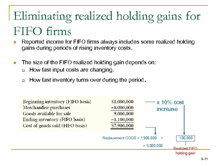 Eliminating realized holding gains for FIFO firms n Reported income for FIFO firms always