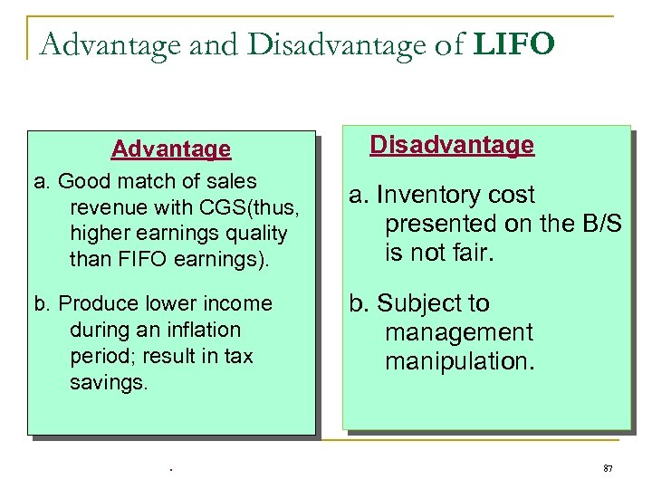Advantage and Disadvantage of LIFO Advantage a. Good match of sales revenue with CGS(thus,