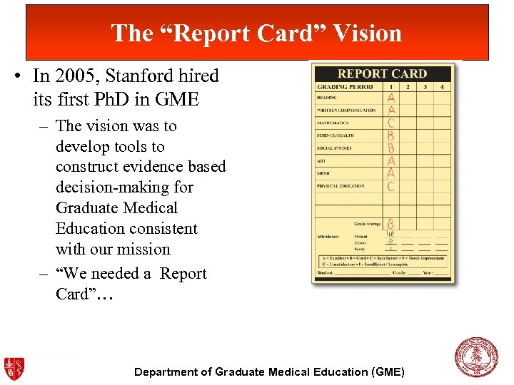 The “Report Card” Vision • In 2005, Stanford hired its first Ph. D in