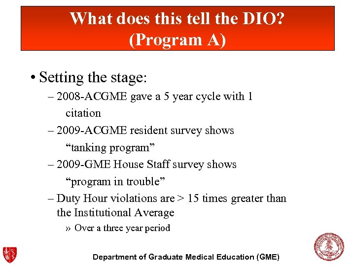 What does this tell the DIO? (Program A) • Setting the stage: – 2008