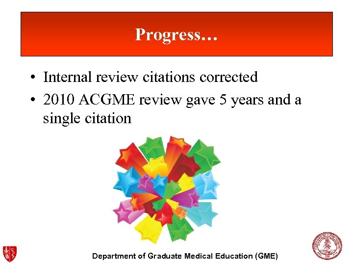 Progress… • Internal review citations corrected • 2010 ACGME review gave 5 years and