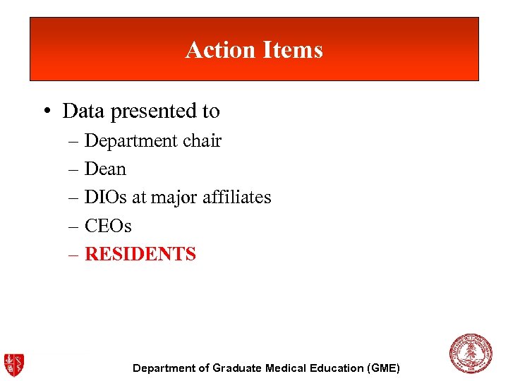 Action Items • Data presented to – Department chair – Dean – DIOs at