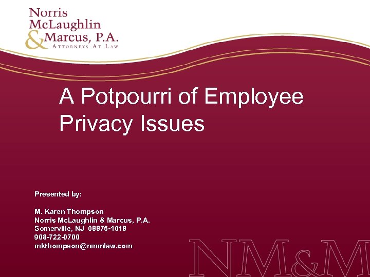 A Potpourri of Employee Privacy Issues Presented by: M. Karen Thompson Norris Mc. Laughlin