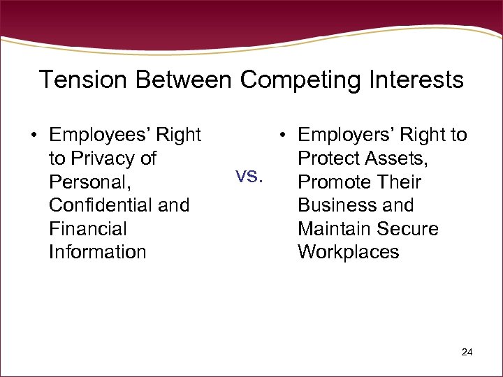 Tension Between Competing Interests • Employees’ Right to Privacy of Personal, Confidential and Financial