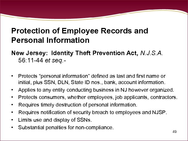 Protection of Employee Records and Personal Information New Jersey: Identity Theft Prevention Act, N.