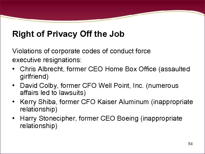 Right of Privacy Off the Job Violations of corporate codes of conduct force executive