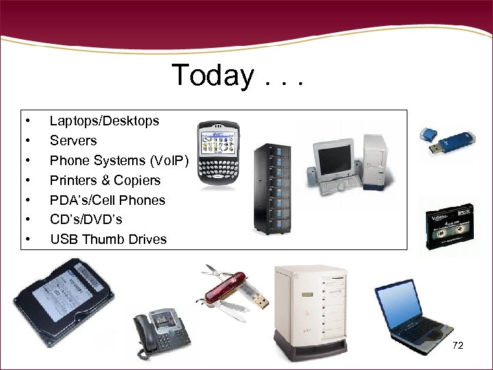 Today. . . • • Laptops/Desktops Servers Phone Systems (Vo. IP) Printers & Copiers