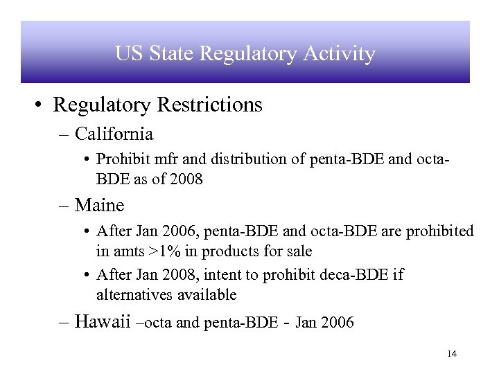 US State Regulatory Activity • Regulatory Restrictions – California • Prohibit mfr and distribution