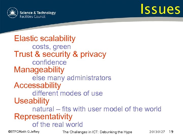 Issues Elastic scalability costs, green Trust & security & privacy confidence Manageability else many