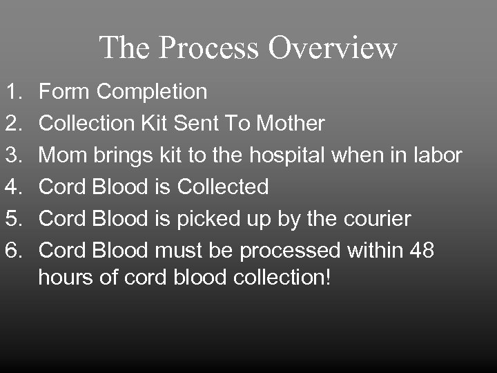 The Process Overview 1. 2. 3. 4. 5. 6. Form Completion Collection Kit Sent