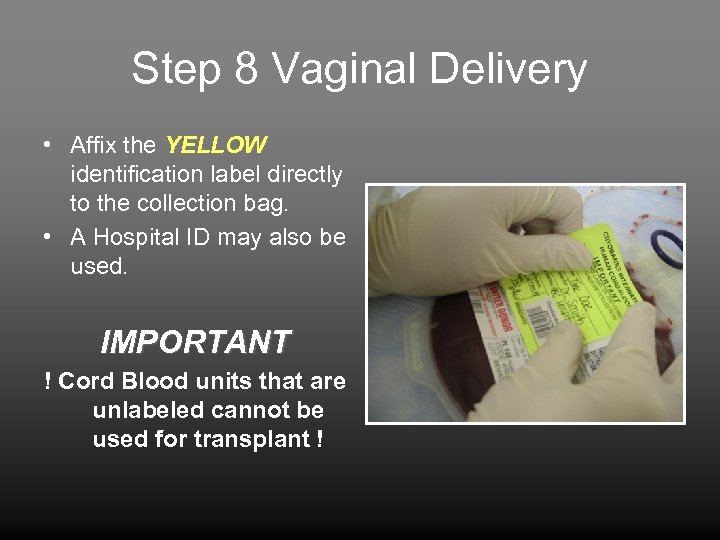 Step 8 Vaginal Delivery • Affix the YELLOW identification label directly to the collection
