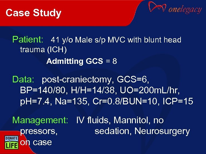 Case Study Patient: 41 y/o Male s/p MVC with blunt head trauma (ICH) Admitting