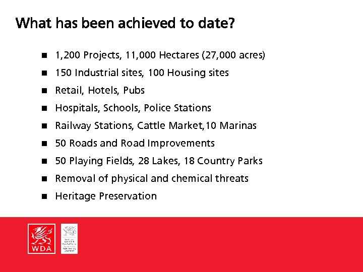 What has been achieved to date? n 1, 200 Projects, 11, 000 Hectares (27,