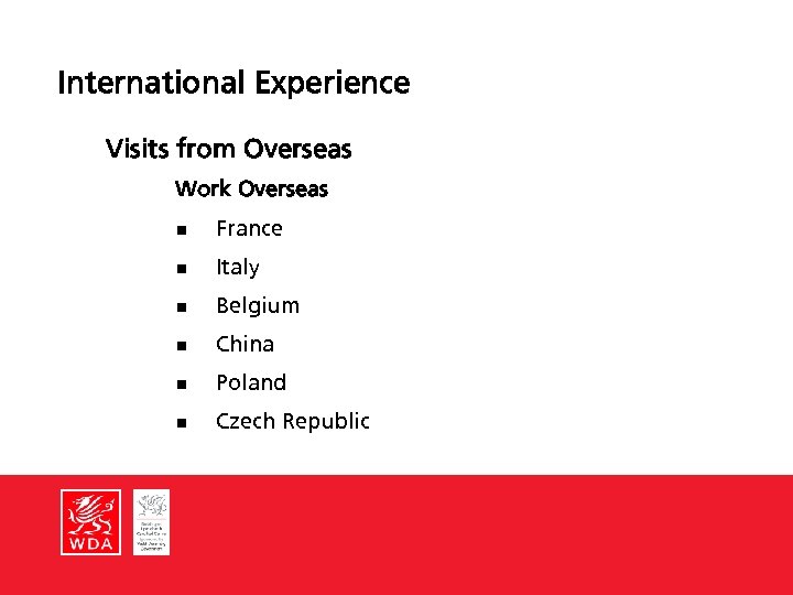 International Experience Visits from Overseas Work Overseas n France n Italy n Belgium n