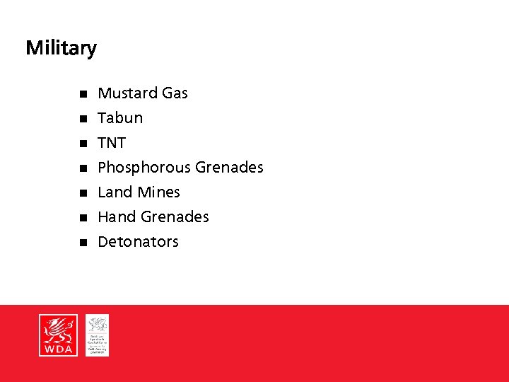 Military n Mustard Gas n Tabun n TNT n Phosphorous Grenades n Land Mines