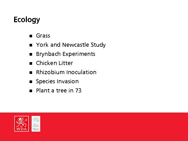 Ecology n Grass n York and Newcastle Study n Brynbach Experiments n Chicken Litter