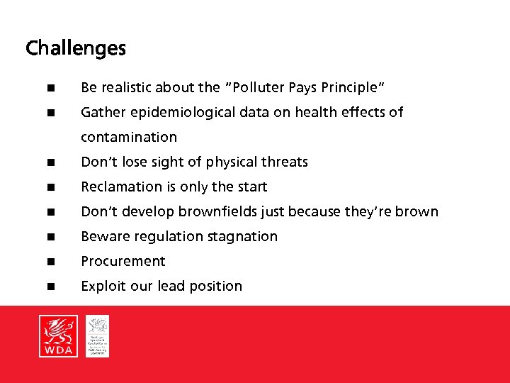 Challenges n Be realistic about the “Polluter Pays Principle” n Gather epidemiological data on
