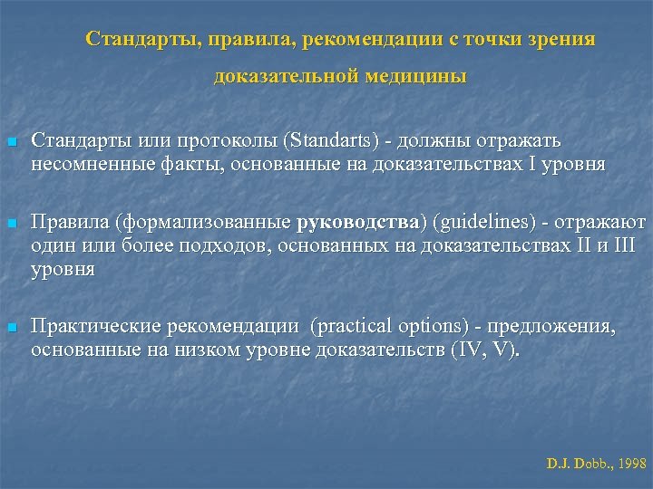 Стандарты, правила, рекомендации с точки зрения доказательной медицины n Стандарты или протоколы (Standarts) -