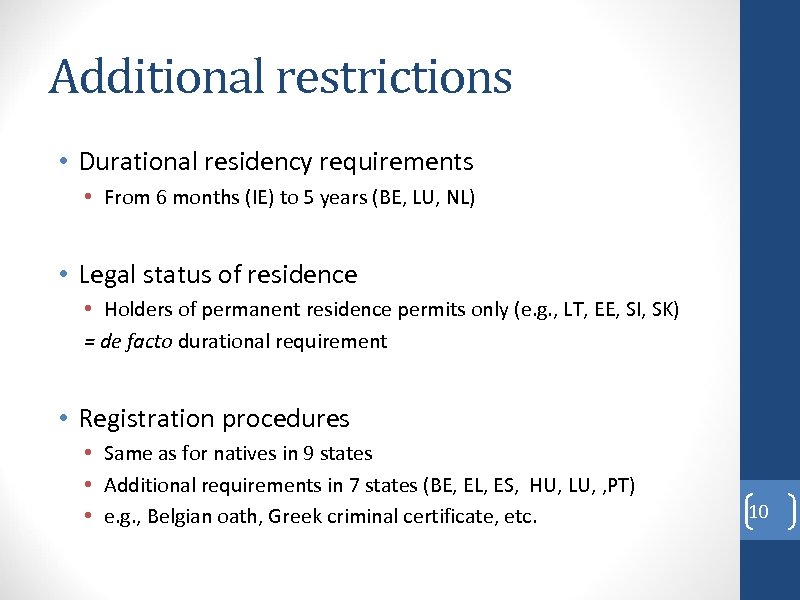 Additional restrictions • Durational residency requirements • From 6 months (IE) to 5 years