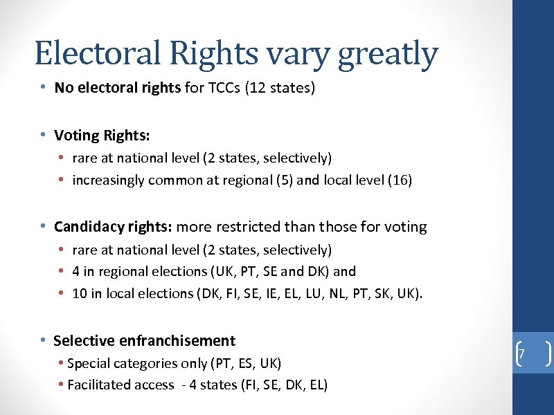Electoral Rights vary greatly • No electoral rights for TCCs (12 states) • Voting