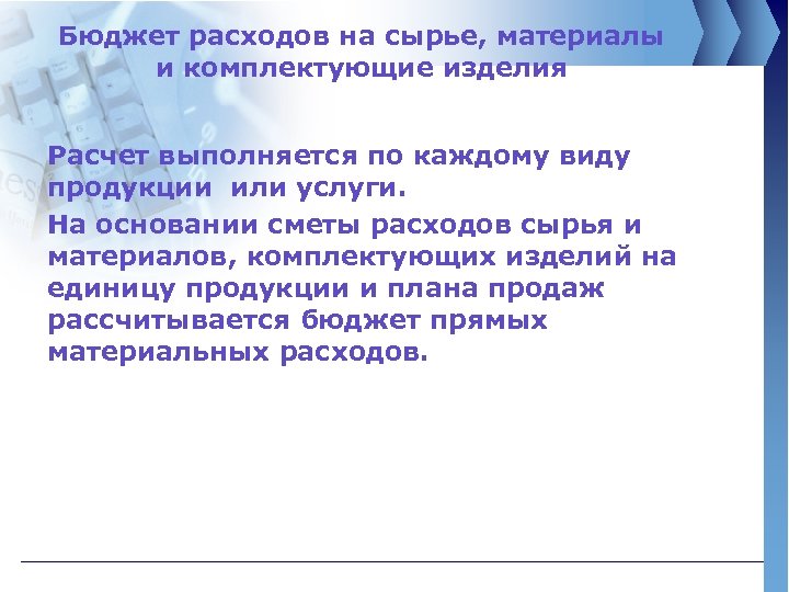 Бюджет расходов на сырье, материалы и комплектующие изделия Расчет выполняется по каждому виду продукции