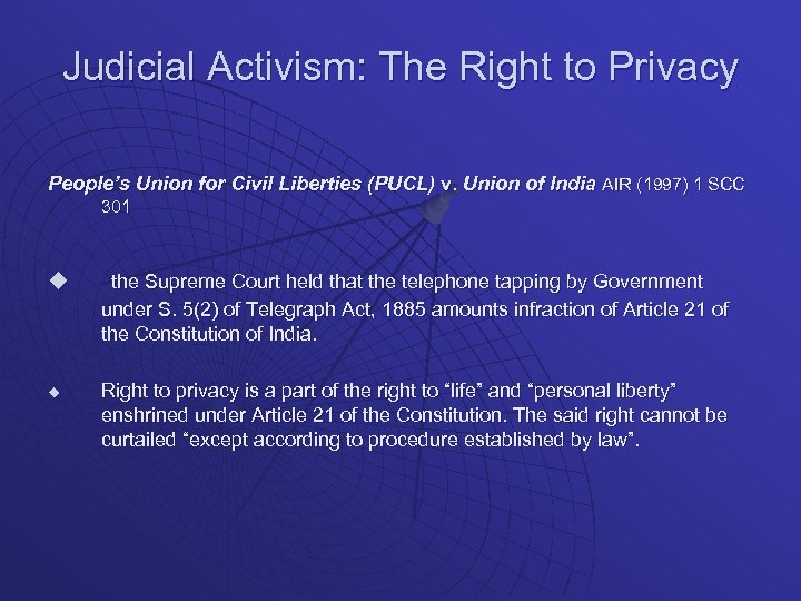 Judicial Activism: The Right to Privacy People’s Union for Civil Liberties (PUCL) v. Union