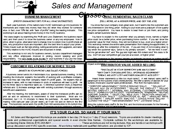 Sales and Profits Sales and Management Classes BUSINESS MANAGEMENT HVAC RESIDENTIAL SALES CLASS (PROFIT