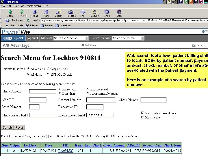 Web search tool allows patient billing staff to locate EOBs by patient number, paymen