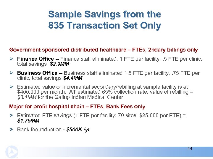 Sample Savings from the 835 Transaction Set Only Government sponsored distributed healthcare – FTEs,