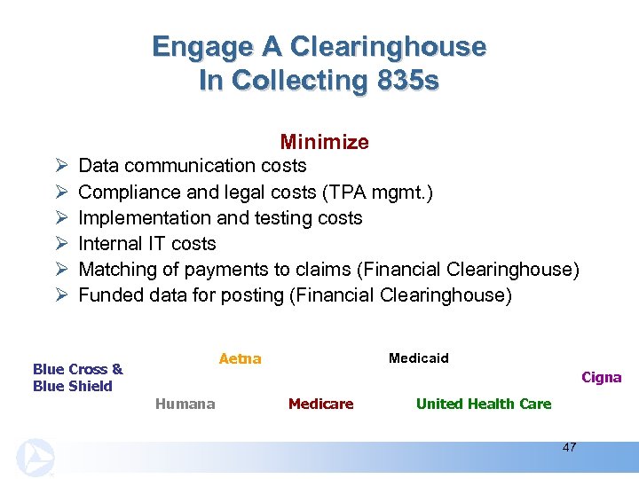 Engage A Clearinghouse In Collecting 835 s Minimize Ø Ø Ø Data communication costs