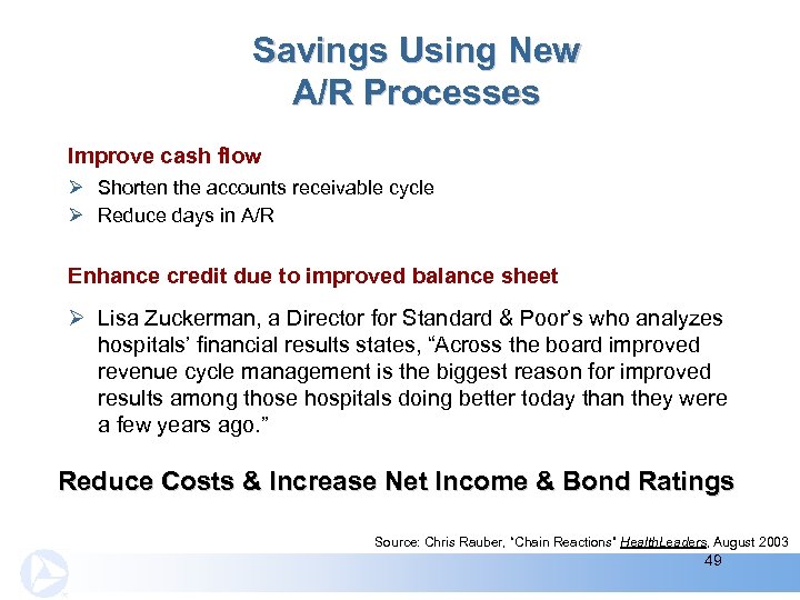 Savings Using New A/R Processes Improve cash flow Ø Shorten the accounts receivable cycle