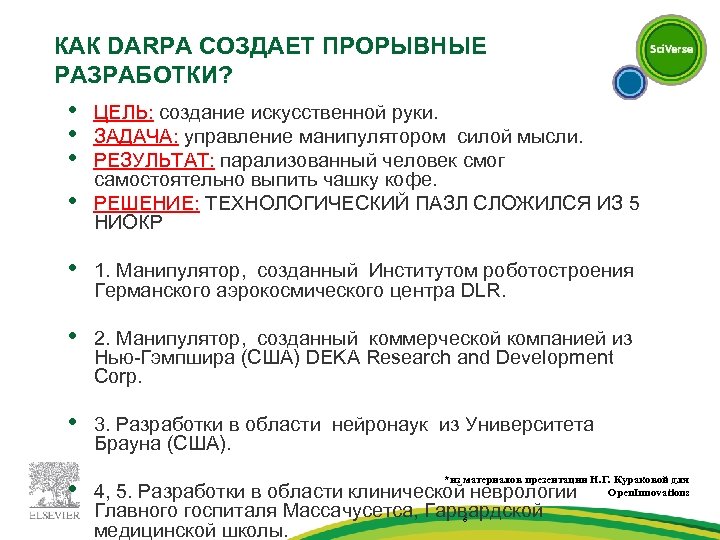 КАК DARPA СОЗДАЕТ ПРОРЫВНЫЕ РАЗРАБОТКИ? • • ЦЕЛЬ: создание искусственной руки. ЗАДАЧА: управление манипулятором