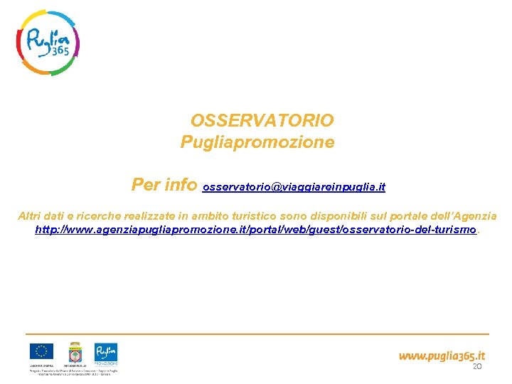  OSSERVATORIO Pugliapromozione Per info osservatorio@viaggiareinpuglia. it Altri dati e ricerche realizzate in ambito