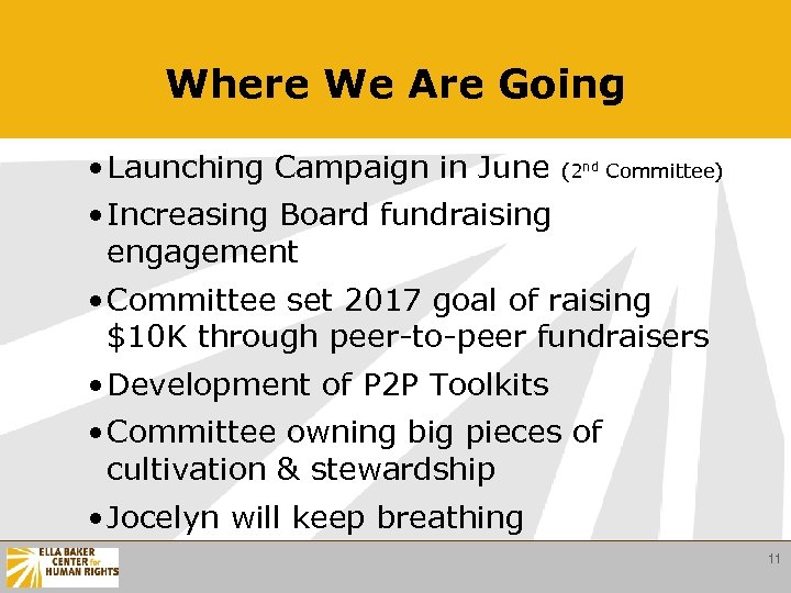 Where We Are Going • Launching Campaign in June (2 nd Committee) • Increasing