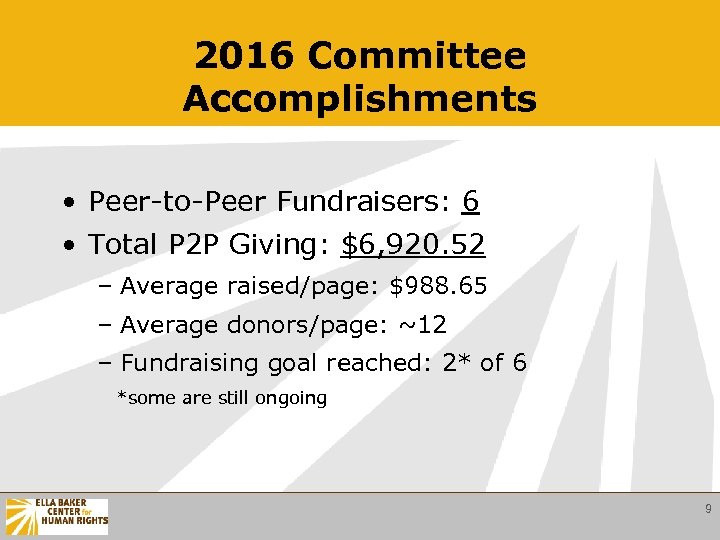 2016 Committee Accomplishments • Peer-to-Peer Fundraisers: 6 • Total P 2 P Giving: $6,