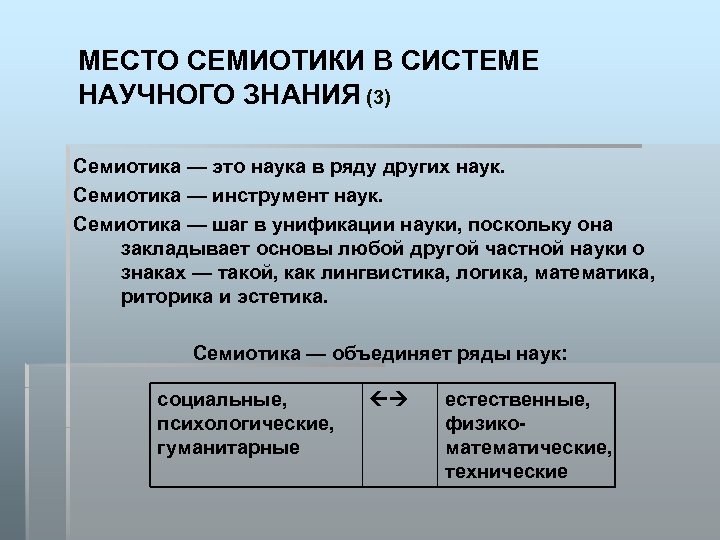 МЕСТО СЕМИОТИКИ В СИСТЕМЕ НАУЧНОГО ЗНАНИЯ (3) Семиотика — это наука в ряду других